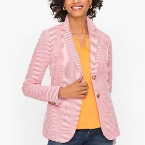 🥑 Talbots Sunshine Seersucker Blazer Orange White | 14 Petite | 100% Cotton